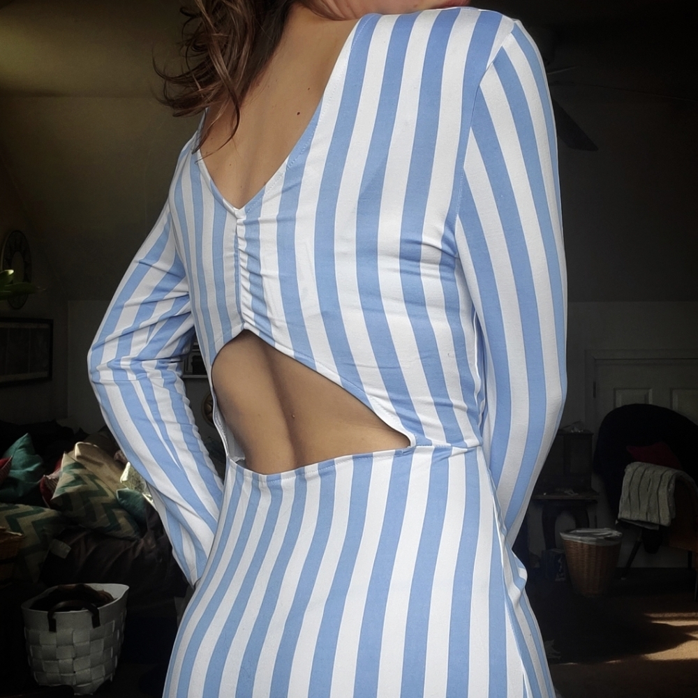 Women's Striped Long-sleeved Dress, Cut-out Lower Back